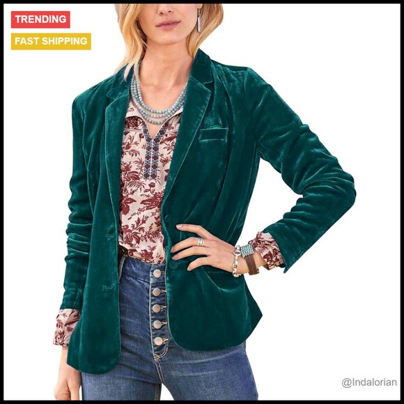 Velvet Blazer Notched Lapel Button Front Jacket Casual Chic Work Wear - Picture 1 of 4